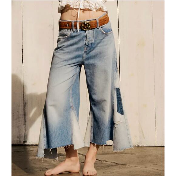 Free People We The Free Ripple Wide-Leg Pieced Cropped Jeans 25 - Picture 1 of 4
